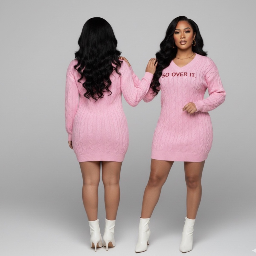 Fashion Nova Pink Cable Knit Sweater with Bold Text